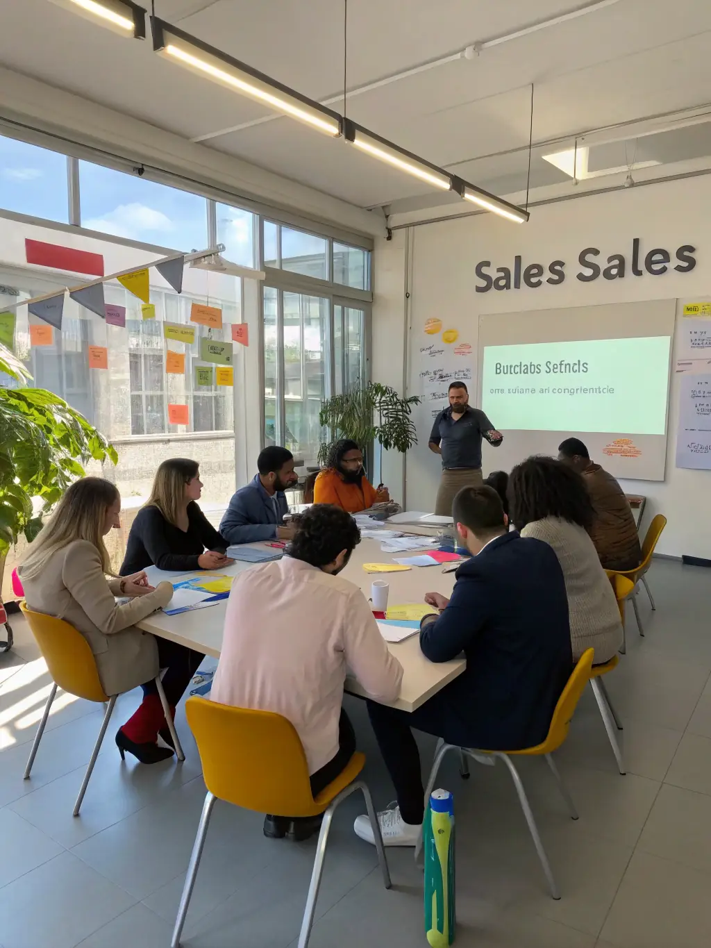 An image of a sales team collaborating and using a CRM system on their laptops and tablets.