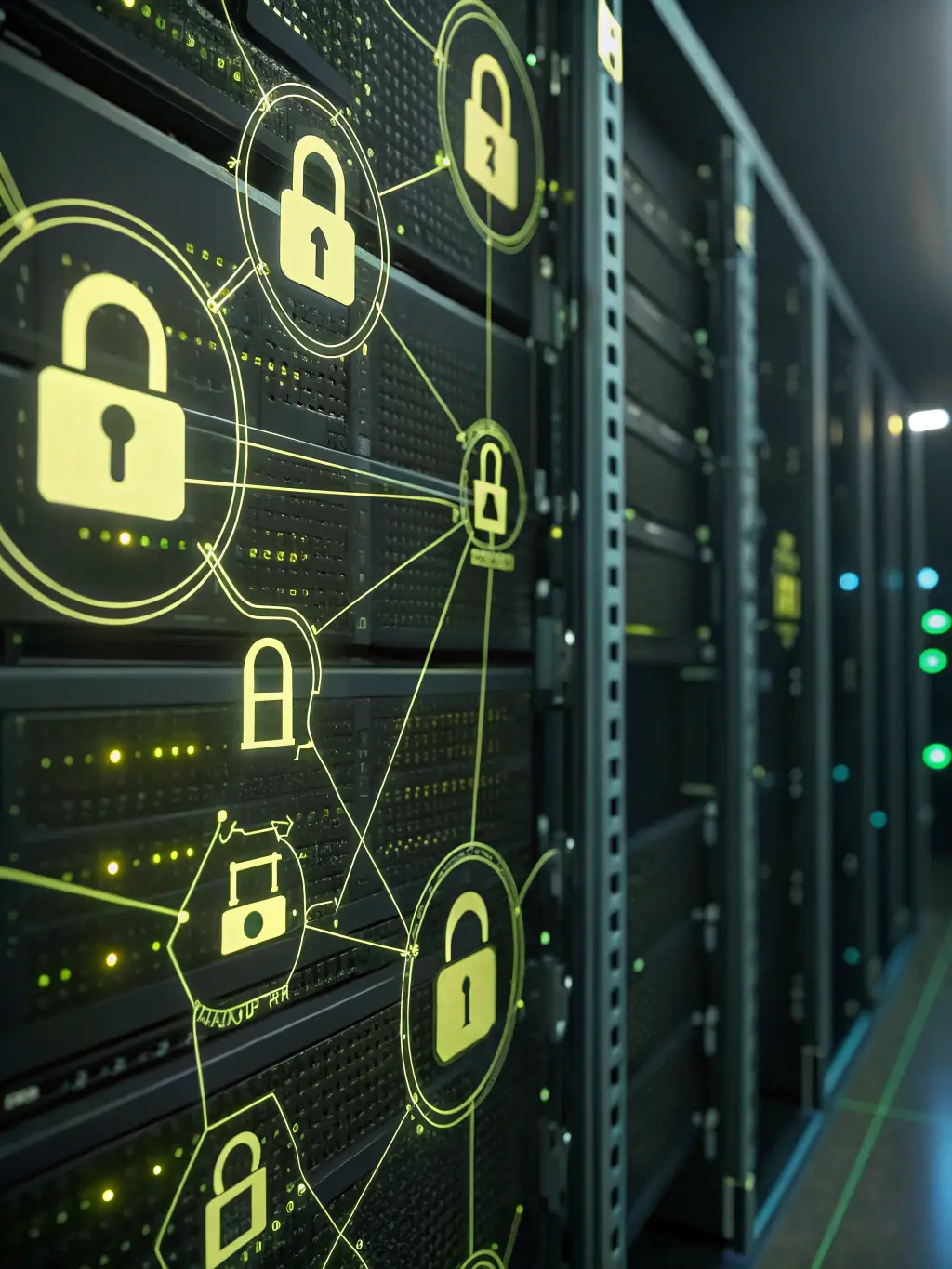 An image of a secure data server with encryption symbols, highlighting the security features of Mbh-app.one's CRM system.