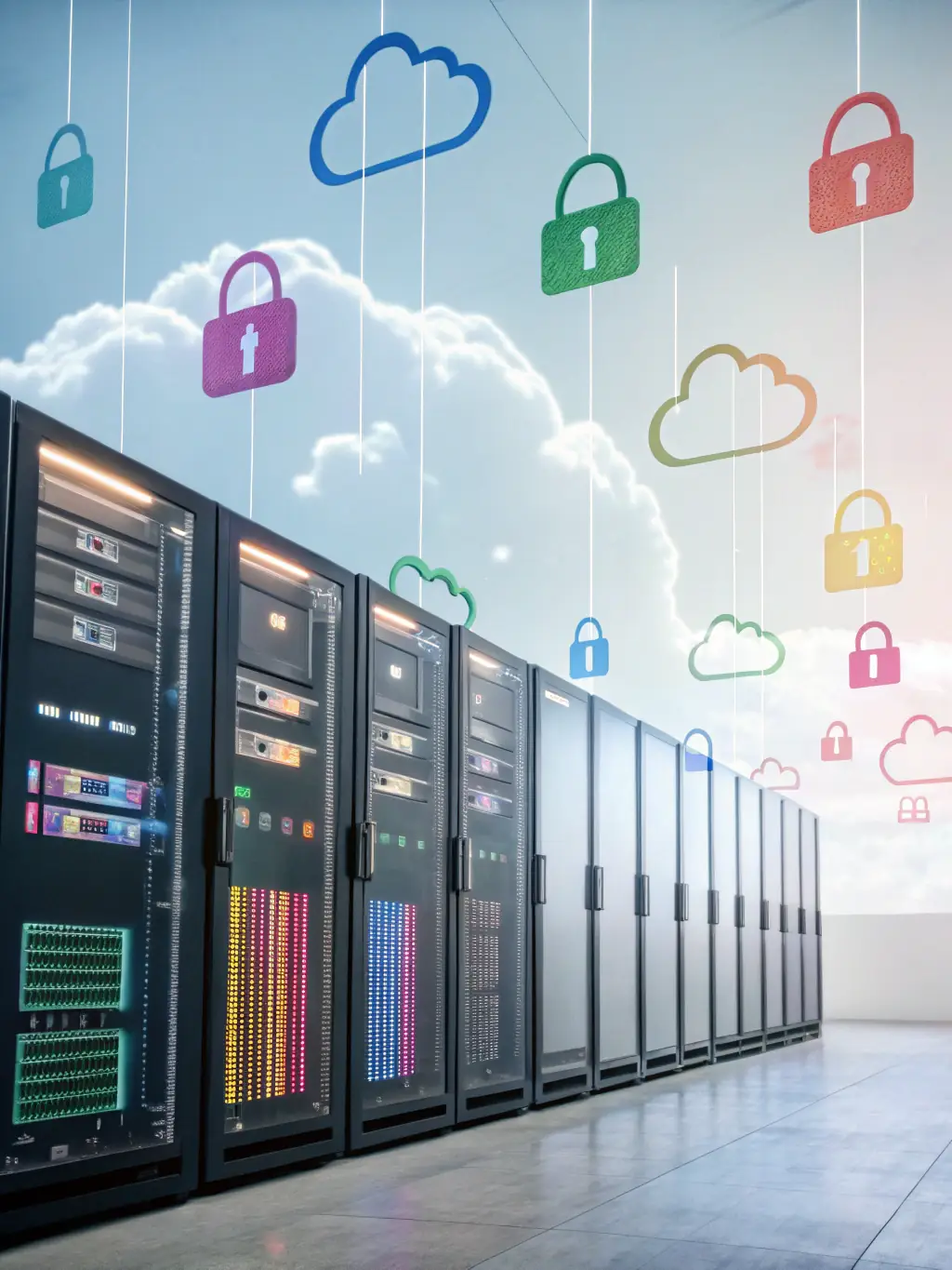 An image depicting a secure cloud environment with data encryption and access control features.