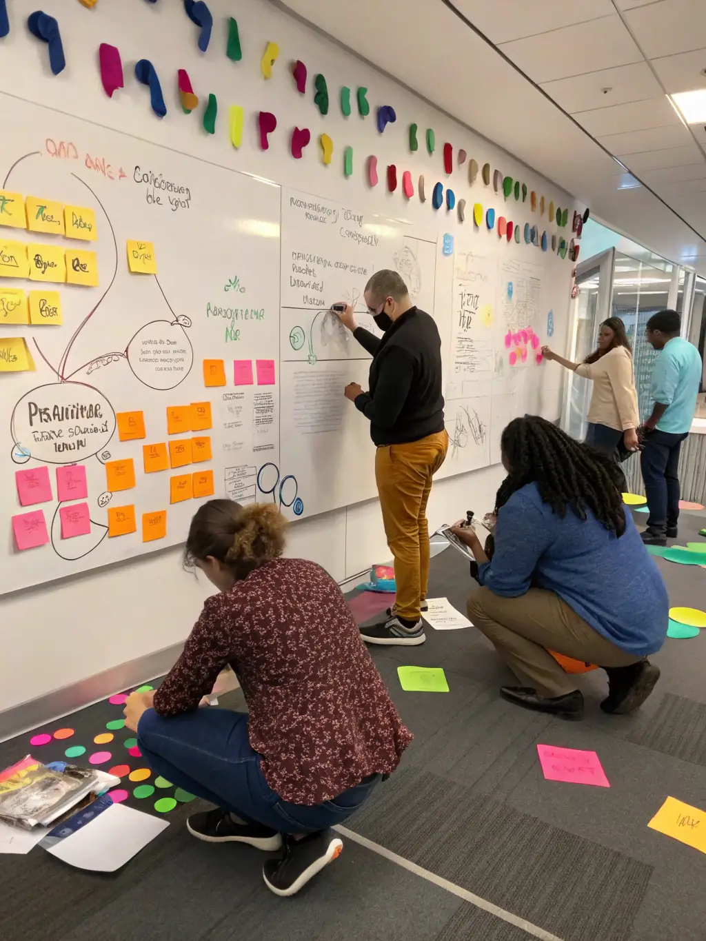 A diverse team collaborating around a digital whiteboard, brainstorming strategies to improve customer engagement using insights from the CRM platform.